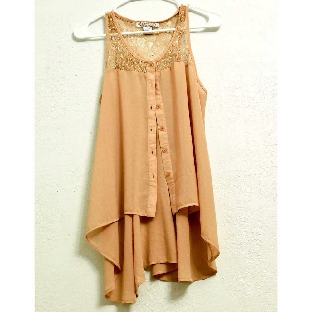 Sans Souci Sheer Tan Sequin Tank Top Button-up